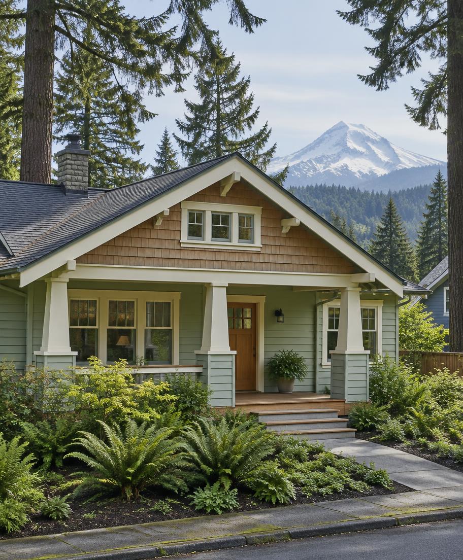 Illustrative Oregon craftsman home with Mount Hood beyond the fir trees